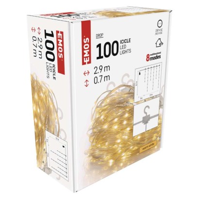 D3CW02 EMOS DROP dekorační řetěz - rampouchy 100 LED 2,9m teplá bílá, 8 módů, IP44