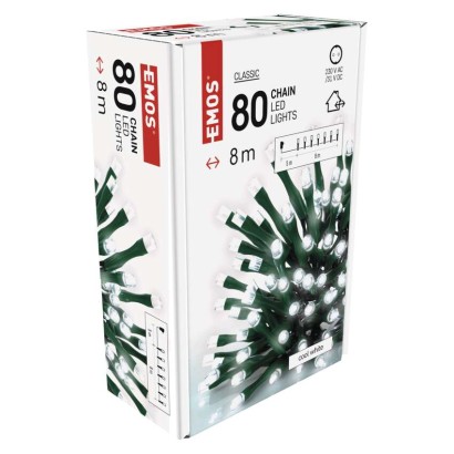 D4AC02 EMOS CLASSIC vánoční řetěz 80 LED 8m zelený drát, časovač, studená bílá, IP44