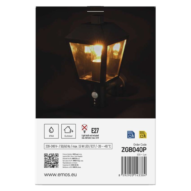 Emos ZGB040P ADENIA venkovní nástěnné svítidlo E27 198 × 150 × 298 mm  IP44 se senzorem černá