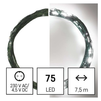 D3AC04 EMOS NANO vánoční řetěz 75 LED, zelený drát, 7,5m, časovač, studená bílá, IP44