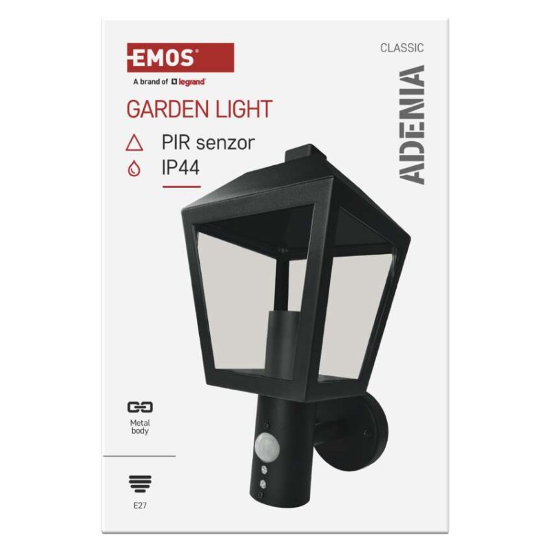 Emos ZGB040P ADENIA venkovní nástěnné svítidlo E27 198 × 150 × 298 mm  IP44 se senzorem černá