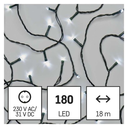 D4AC04 EMOS CLASSIC vánoční řetěz 180 LED, zelený drát, 18m, časovač, studená bílá, IP44