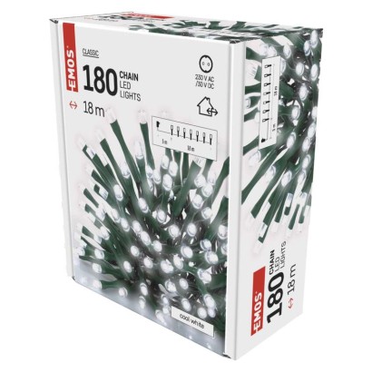 D4AC04 EMOS CLASSIC vánoční řetěz 180 LED, zelený drát, 18m, časovač, studená bílá, IP44