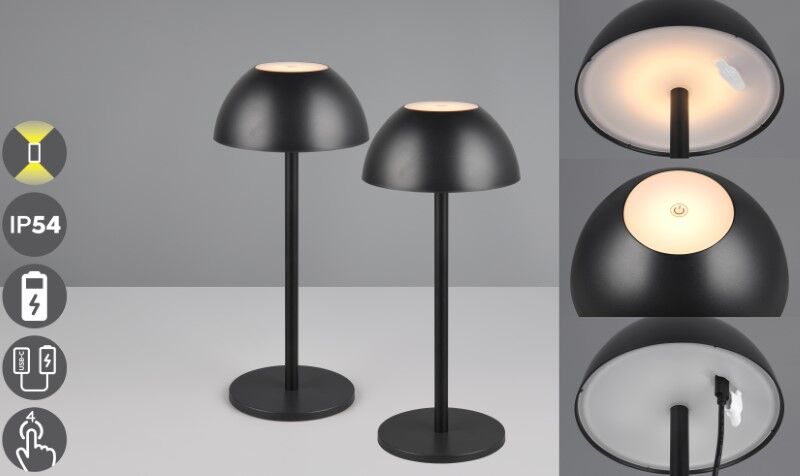 TRIO Reality R54106132 RICARDO vonkajšia dotyková stolná lampa SMD LED V300mm 1,7W/240lm 3000K IP54 čierna matná, nabíjateľná batéria, USB-C port