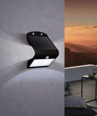 EGLO OUTDOOR 900255 LAMOZZO solárne nástenné svietidlo so senzorom LED 3,2W/440lm 3000+4000+6000K IP54 čierna, priehľadná