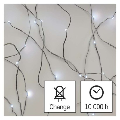 D3AC02 EMOS NANO Vianočná reťaz 40 LED, strieborný drôt, 4m, časovač, studená biela, IP44