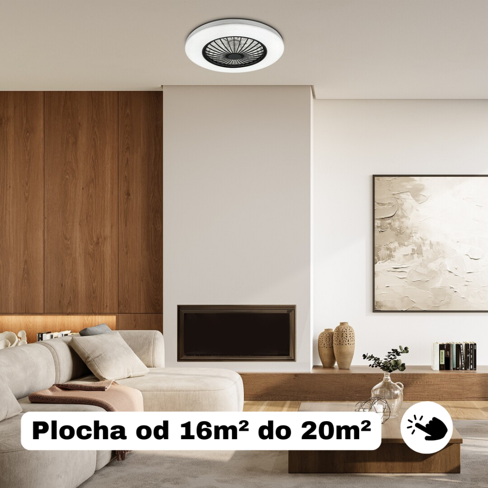 stropný biely ventilátor do obývacej izby s plochou od 16 metrov štvorcových do 20 metrov štvorcových 