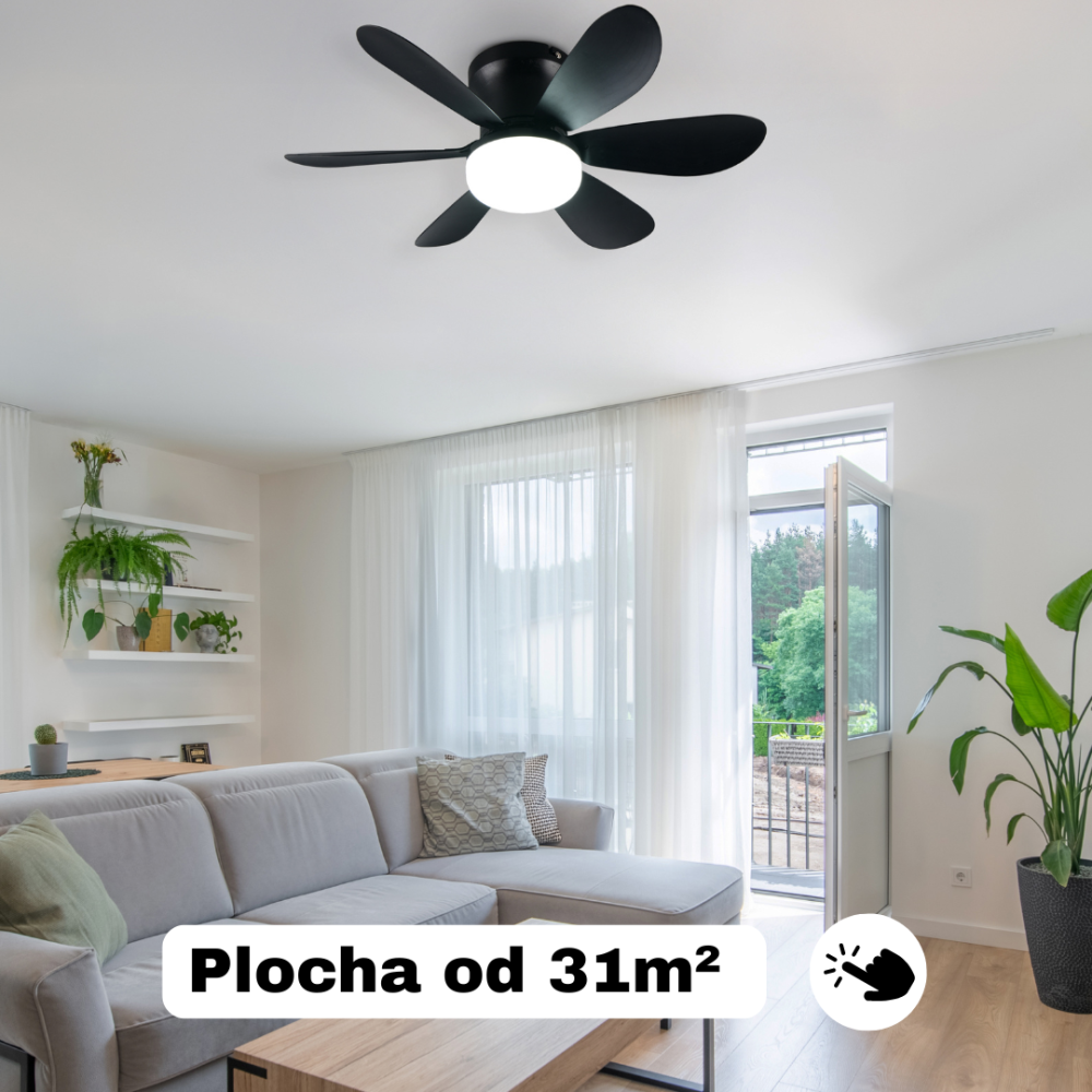 čierny stropný ventilátor do obývacej izby s plochou od 31 metrov štvorcových  